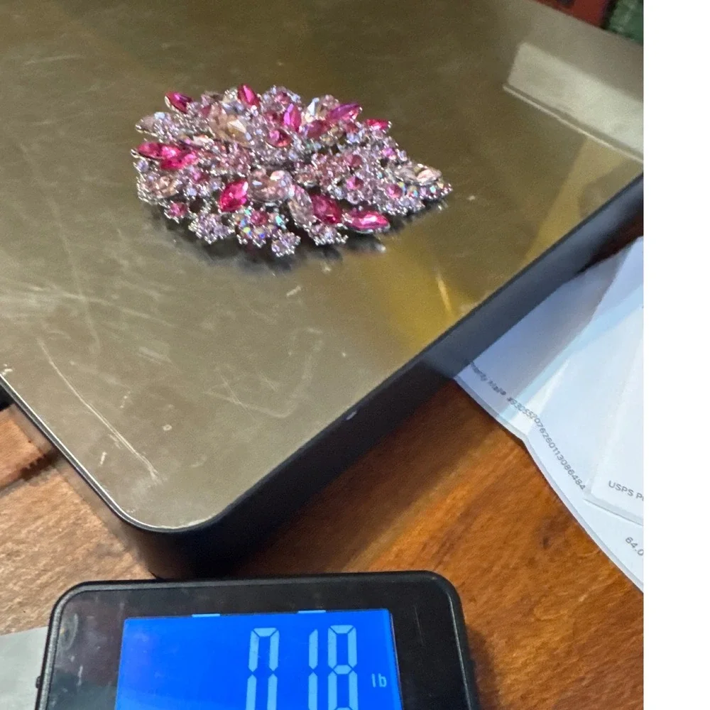 Pink Rhinestone Floral Brooch Pendant Silver Tone Statement Pin Fuchsia AB Large